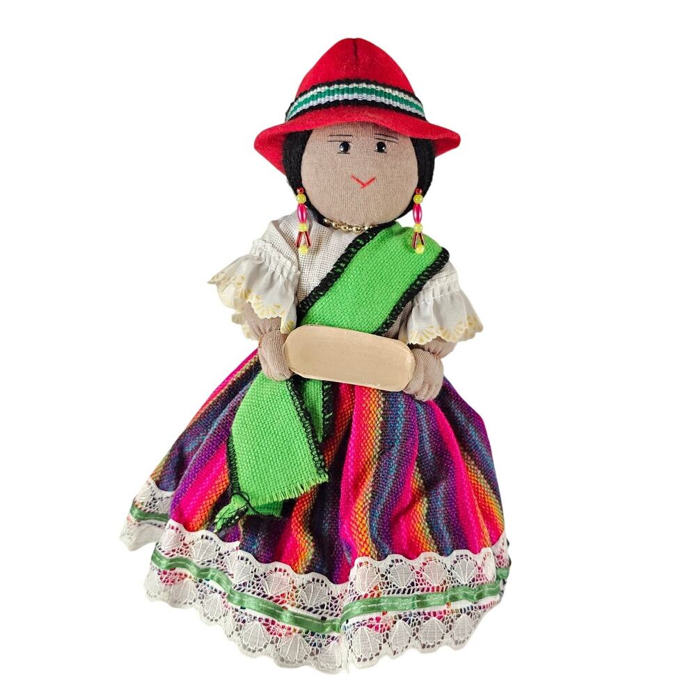 Handmade Bolivian Cloth Doll 9" Traditional Dress Red Hat Colorful Skirt & Beads